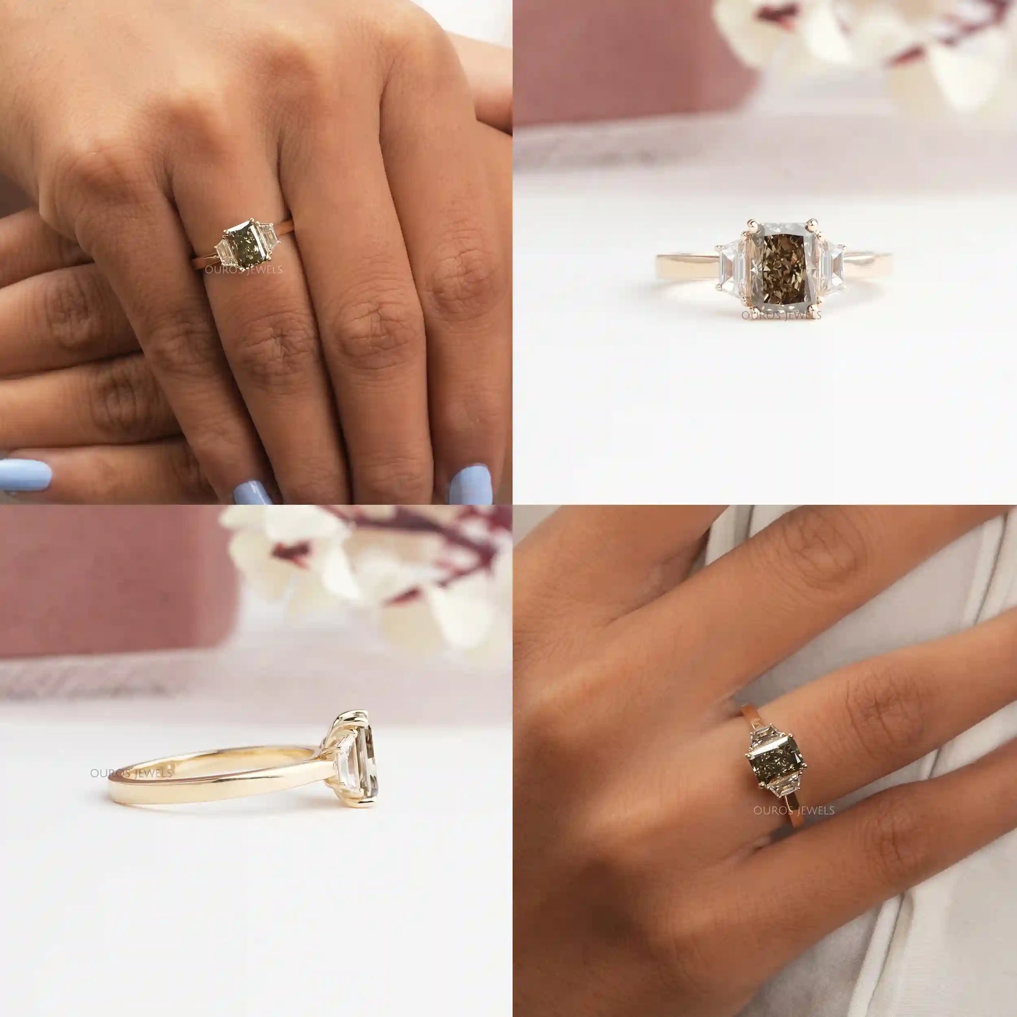 Olive Radiant Cut Three Stone Lab Grown Diamond Engagement Ring Rings