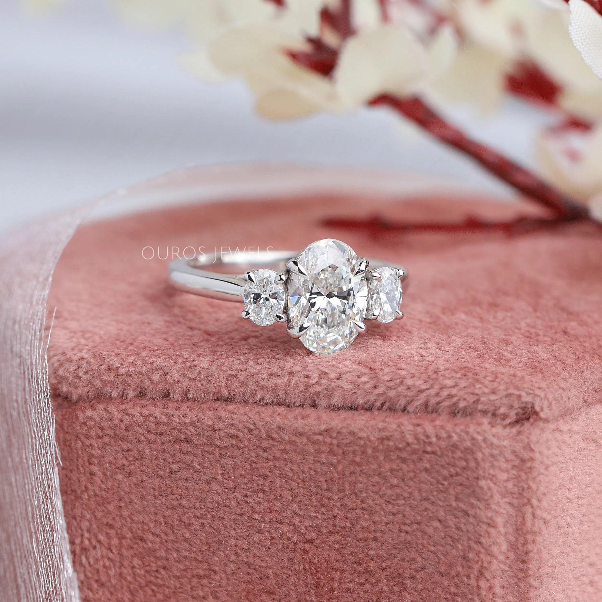 Oval Cut Lab Grown Diamond Three Stone Engagement Ring