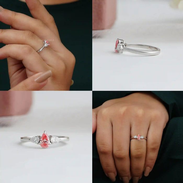 Pink Pear Cut Lab Diamond Three Stone Ring