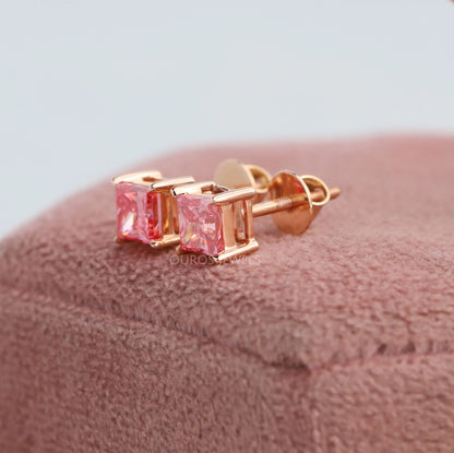 Pink Princess Cut Solitaire Stud Earrings