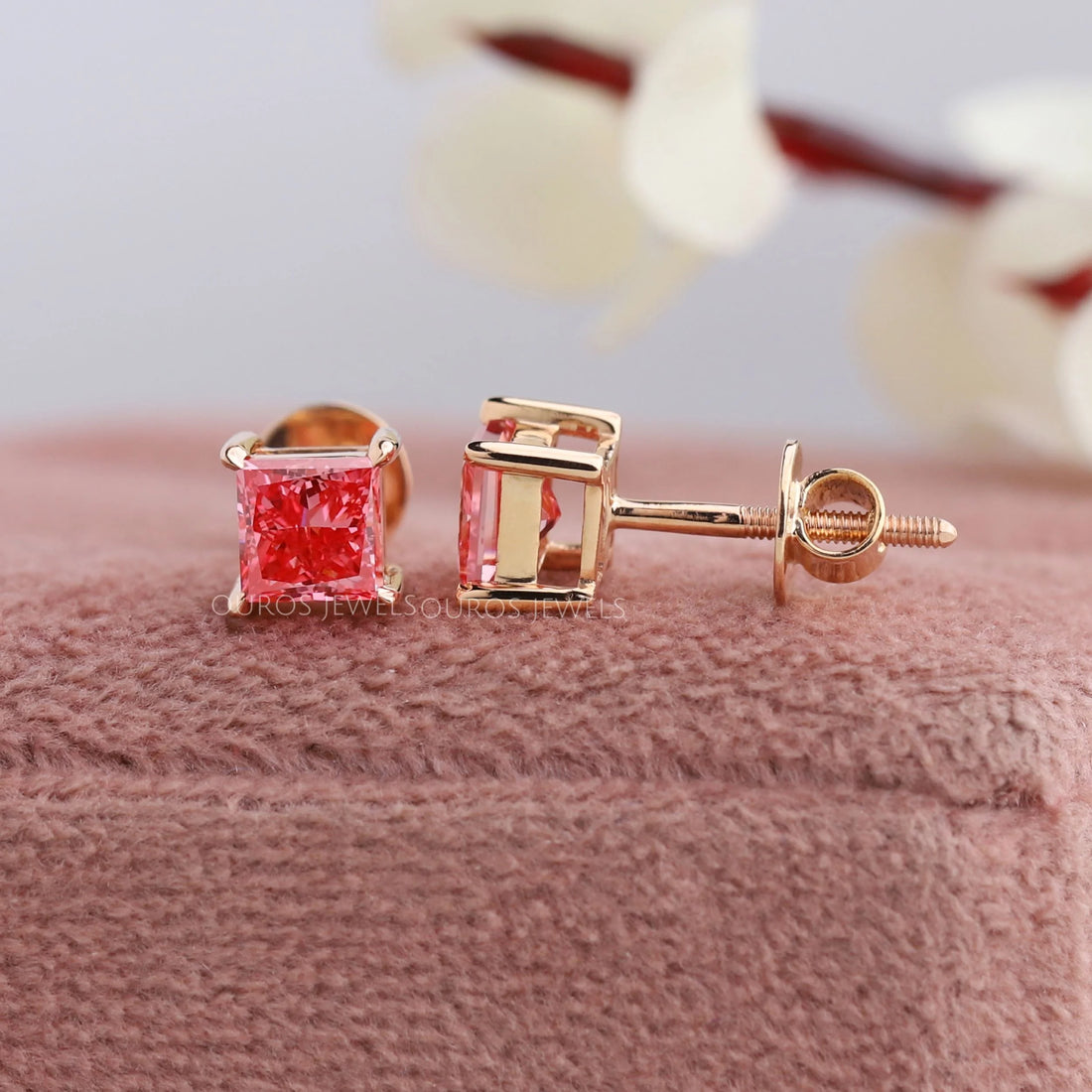 Pink Princess Cut Solitaire Stud Earrings