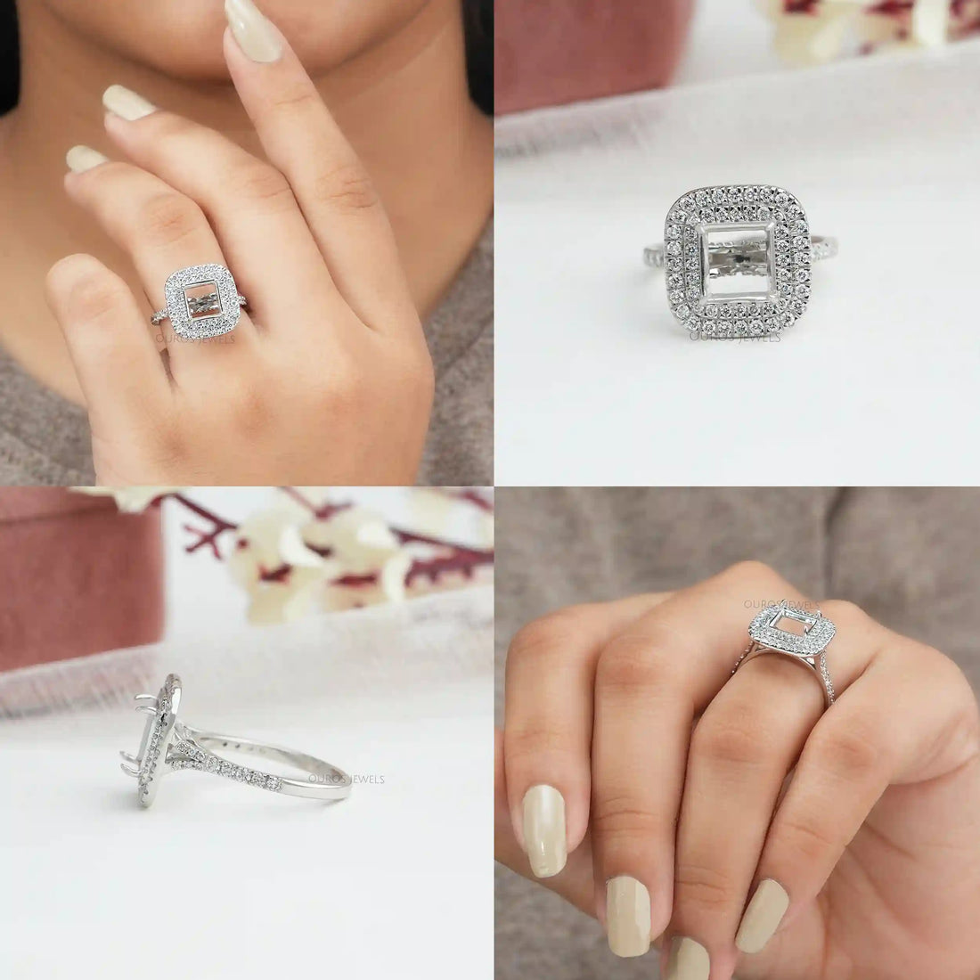 Princess Cut Double Halo Semi Mount Engagement Ring