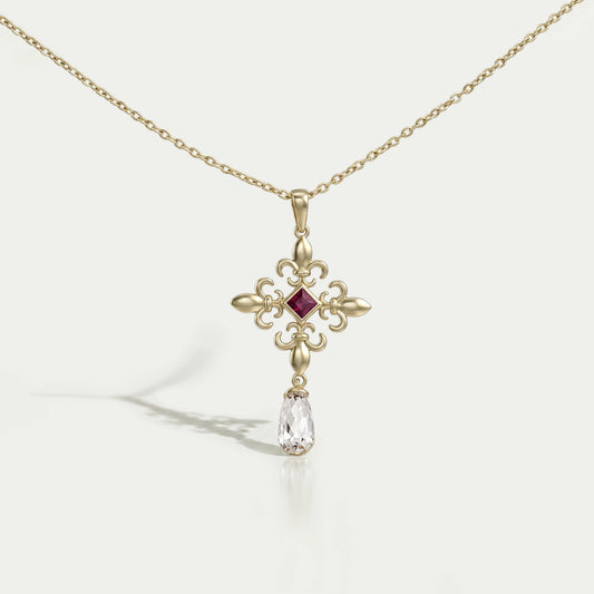 Princess Ruby Gemstone Fleur De Lis Pendant Necklaces