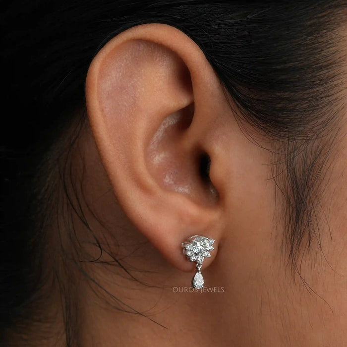 Round Cut Half Halo Drop Earrings