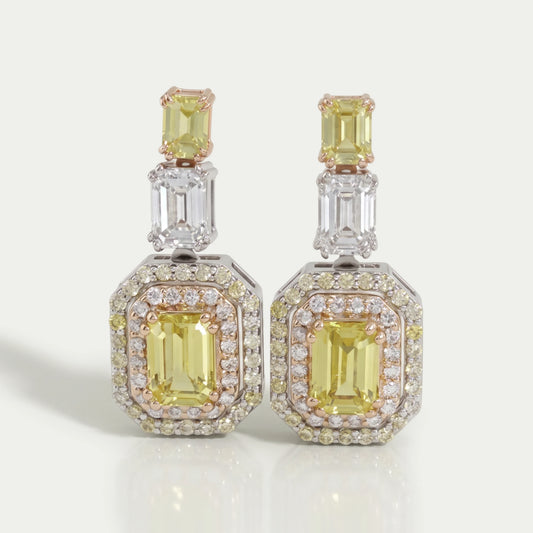 Yellow Emerald Lab Gemstone Double Halo Drop Earrings