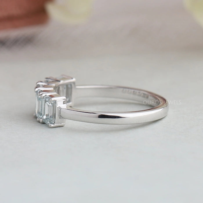 Five Stone Light Blue Emerald Cut Wedding Ring