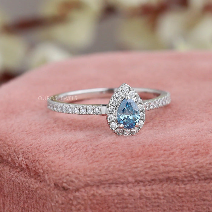Blue Pear Cut Halo Diamond Engagement Ring Rings