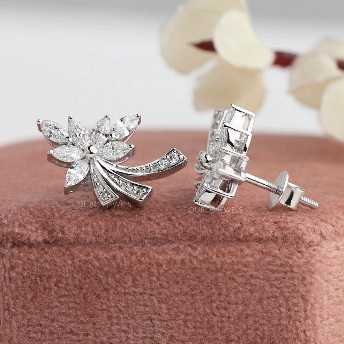 White Gold Marquise-Cut Cluster Diamond Earrings