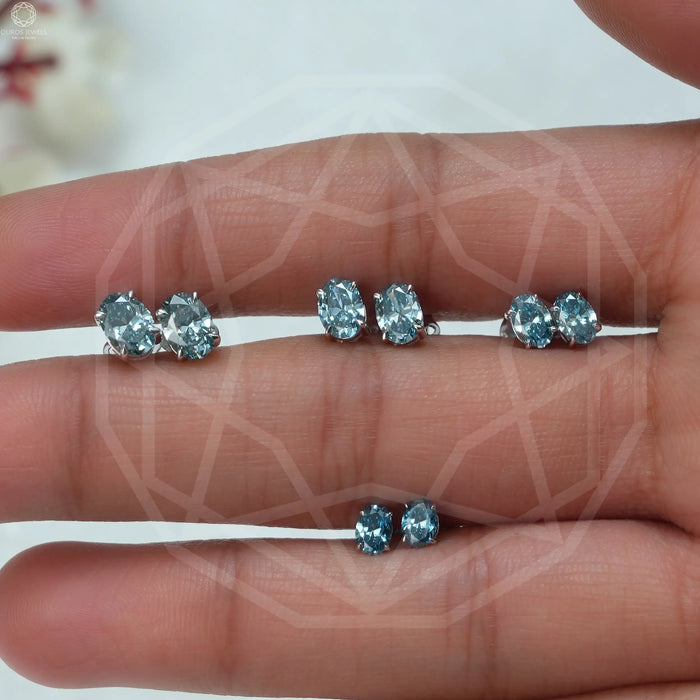 Lab Grown Blue Oval Diamond Earrings Studs