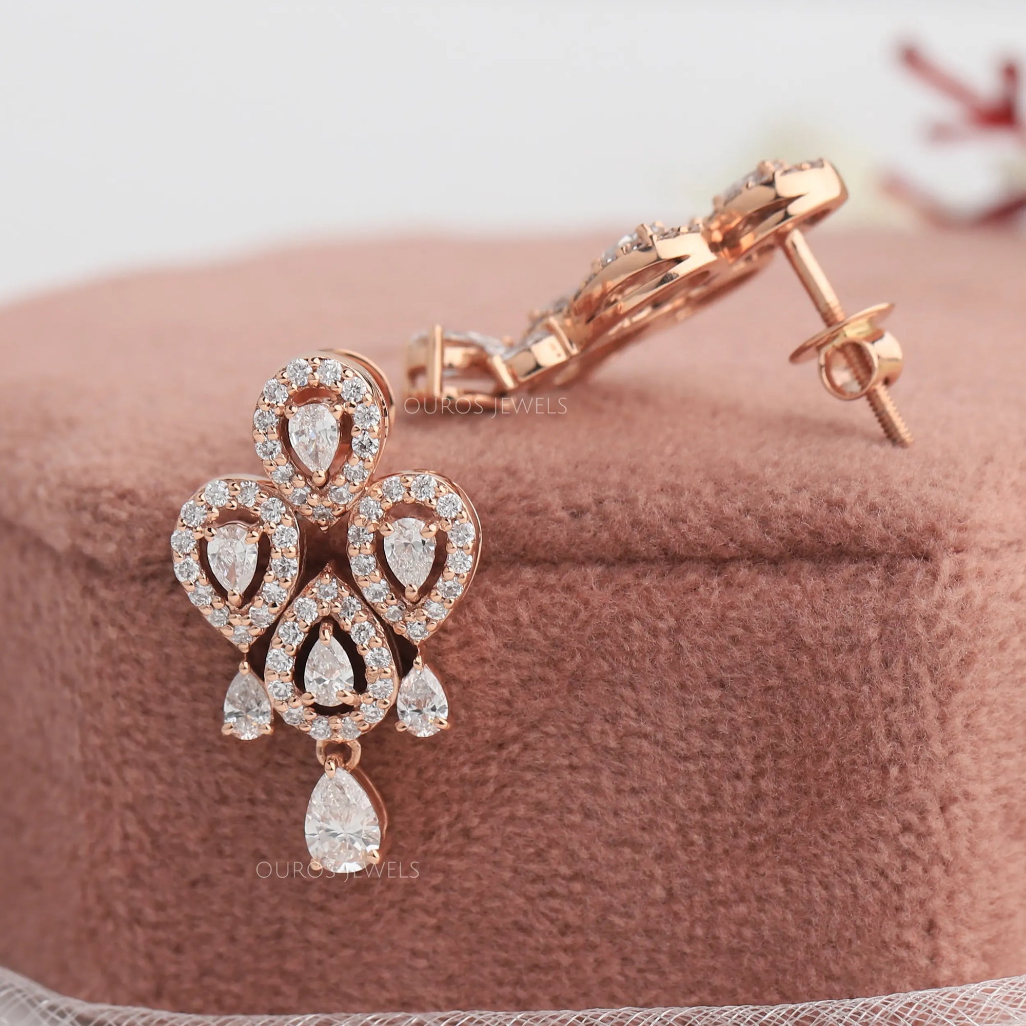 Flower Shape Pear Diamond Halo Earrings
