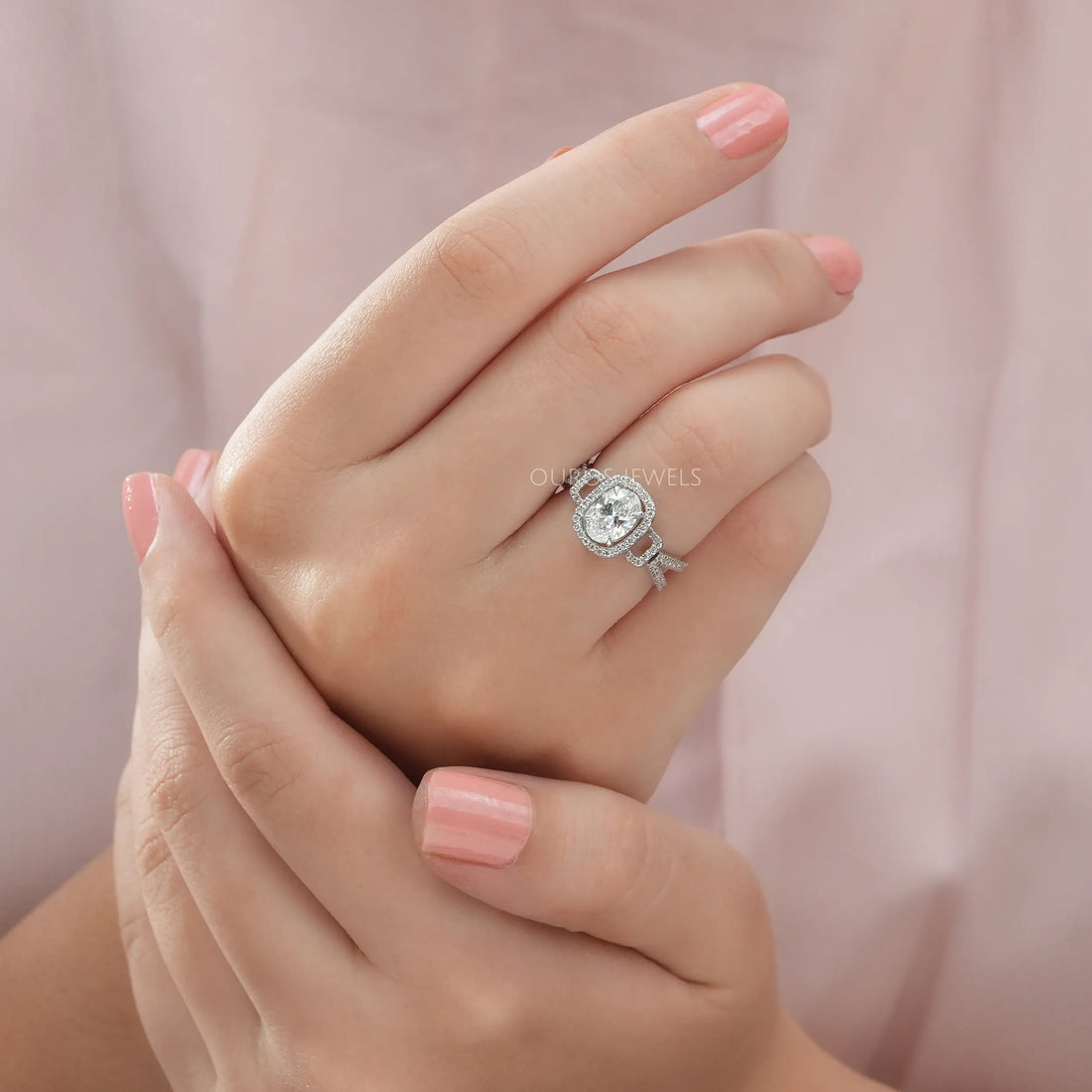 Oval Cut Halo Split Shank Engagement Ring