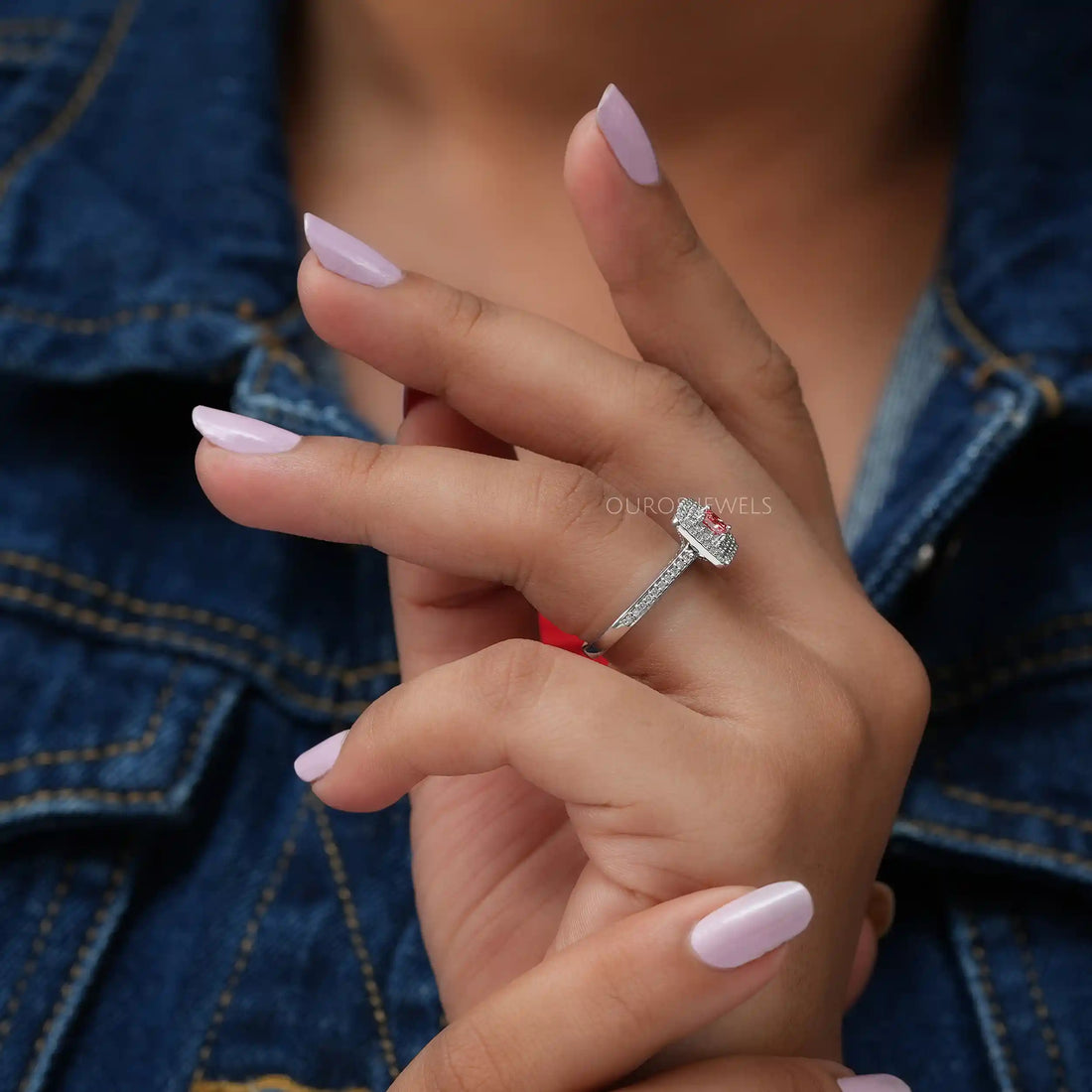 Pink Princess Cut Double Halo Engagement Ring
