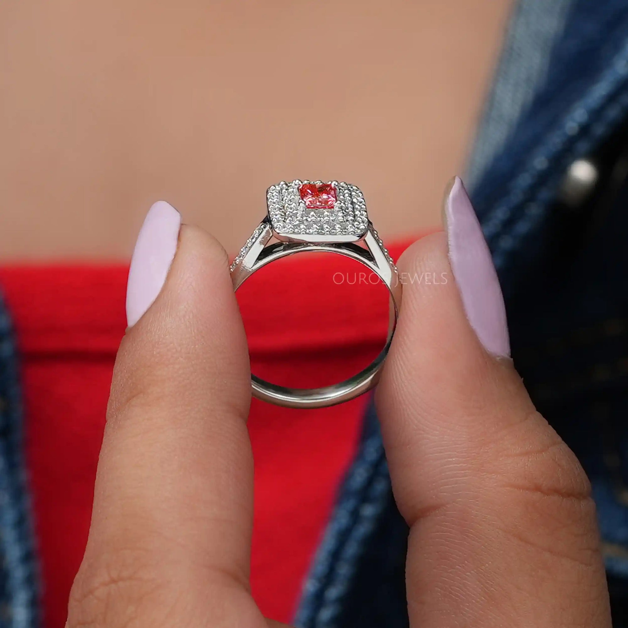Pink Princess Cut Double Halo Engagement Ring