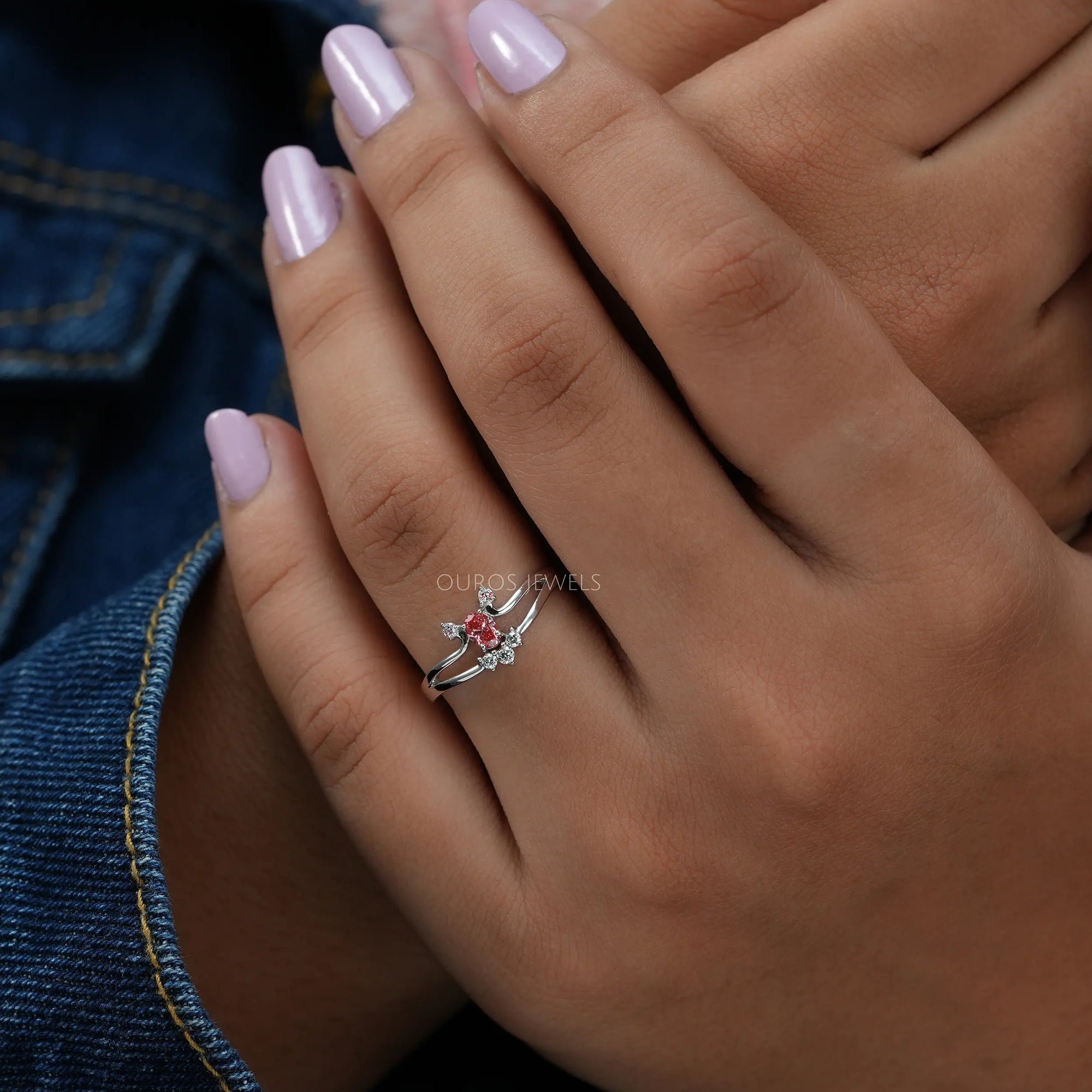 Pink Oval Cut Cluster Diamond Ring