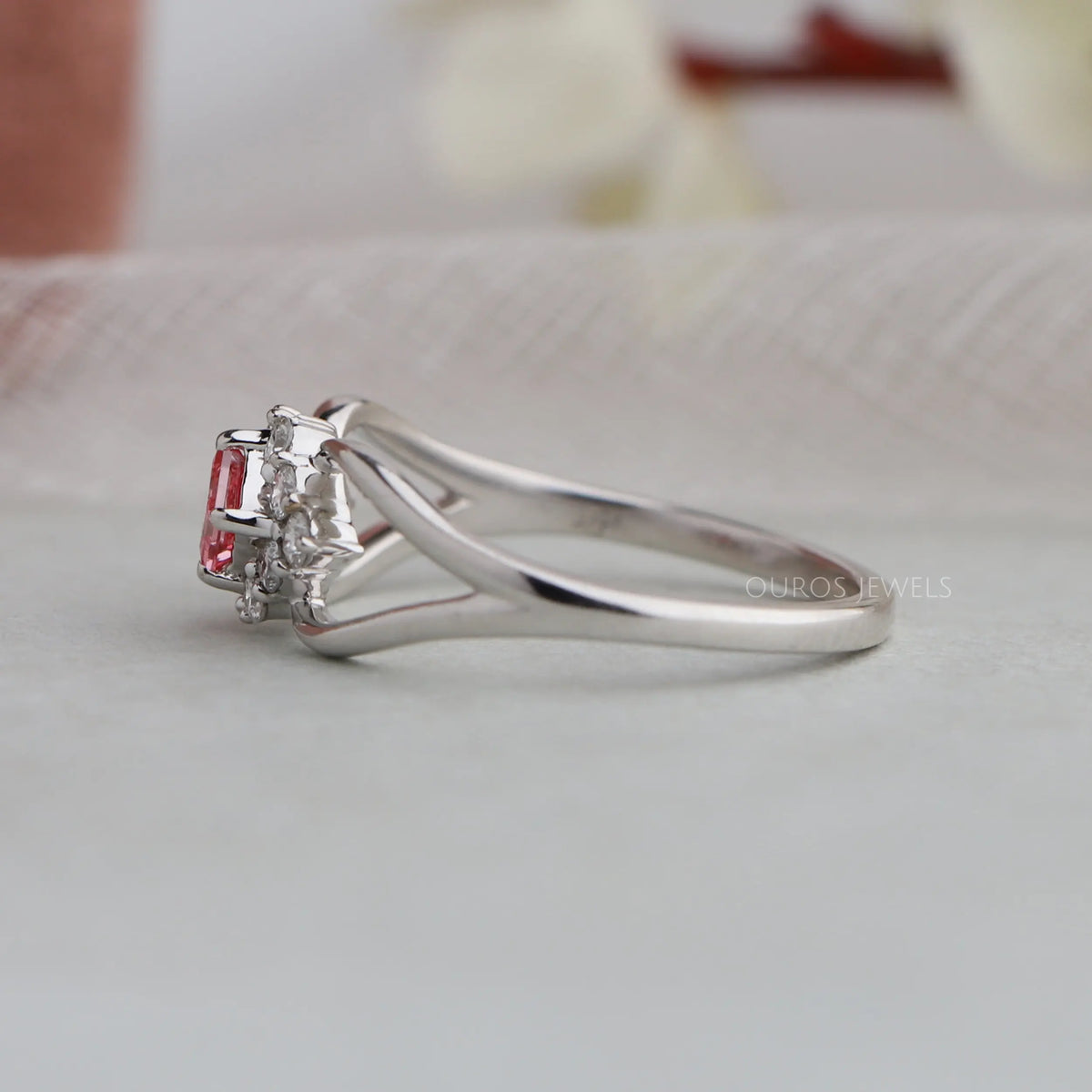 Pink Princess Cut Halo Split Shank Ring
