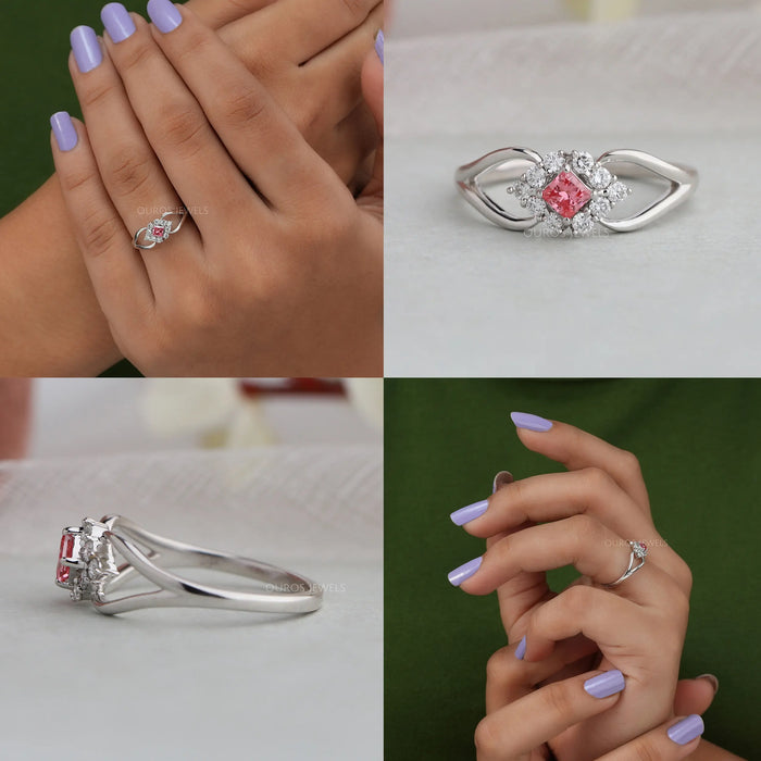 Pink Princess Cut Halo Split Shank Ring
