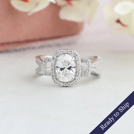 Oval Cut Halo Split Shank Engagement Ring