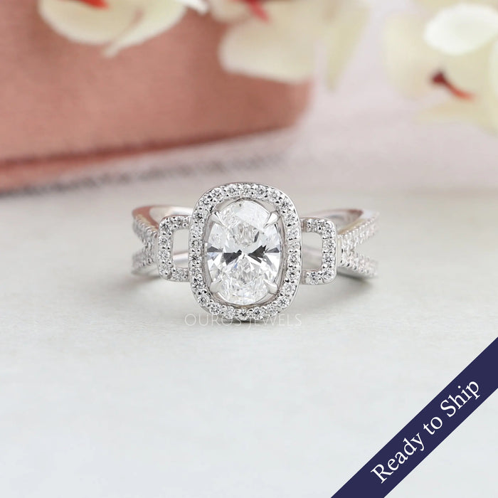 Oval Cut Halo Split Shank Engagement Ring