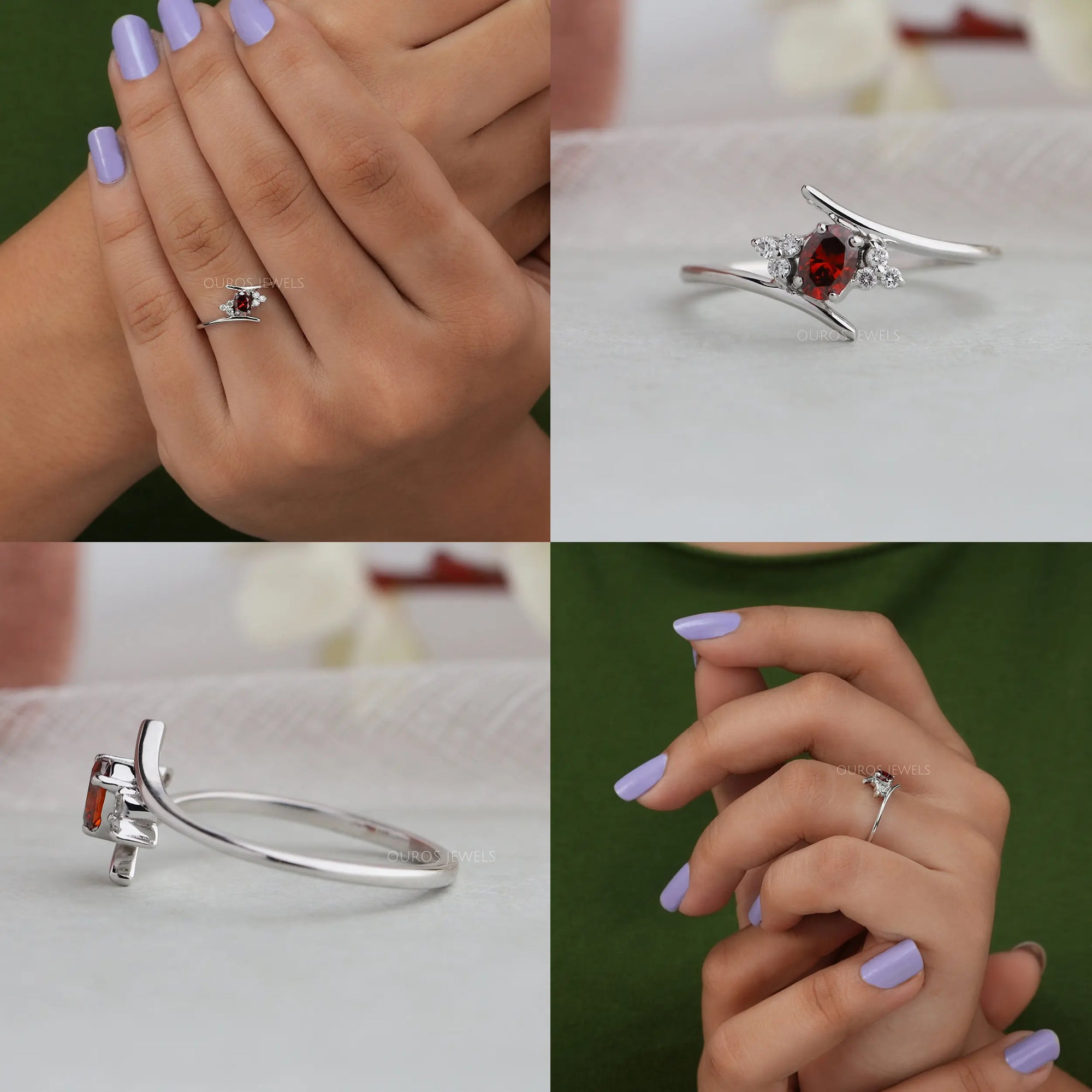 Red Oval Cut Lab Diamond Bypass Ring
