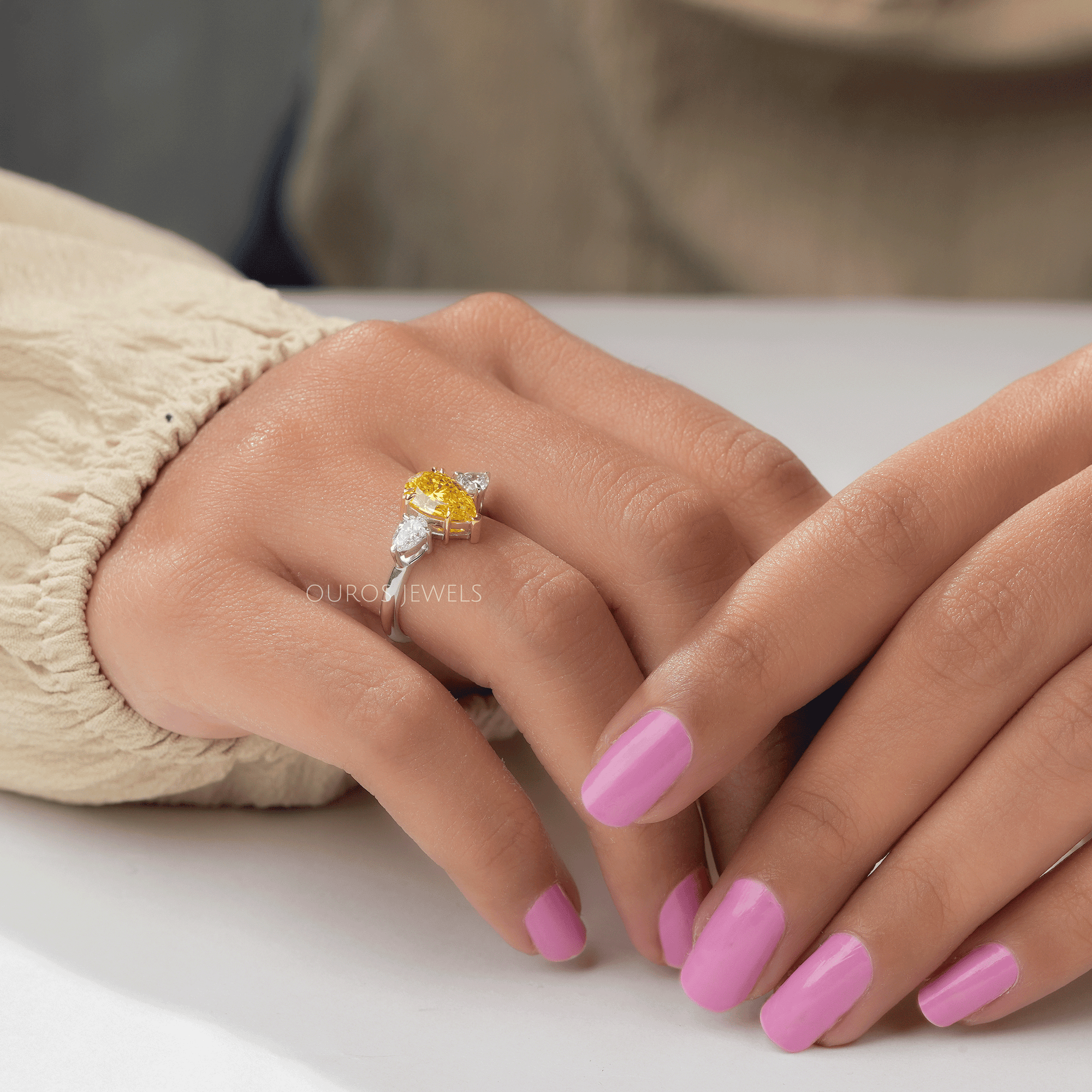 Yellow Pear Cut Lab Three Stone Diamond Ring