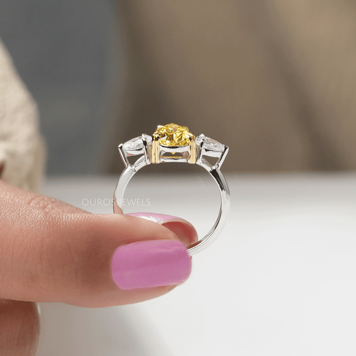 Yellow Pear Cut Lab Three Stone Diamond Ring