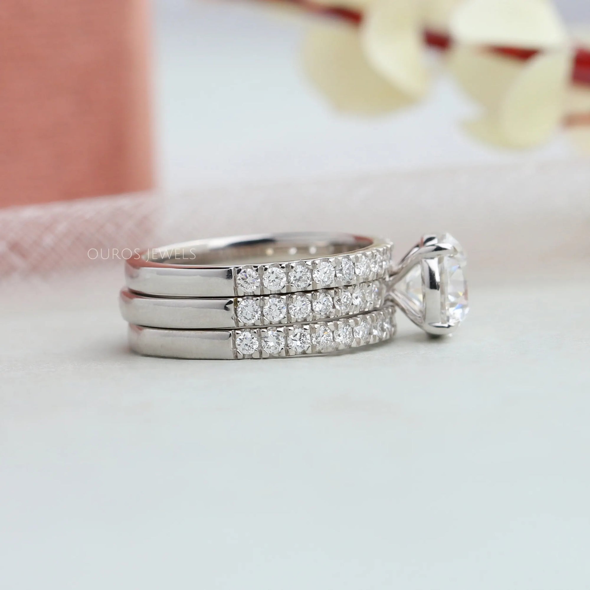 Round Cut Solitaire Accent Diamond Bridal Ring Set Rings