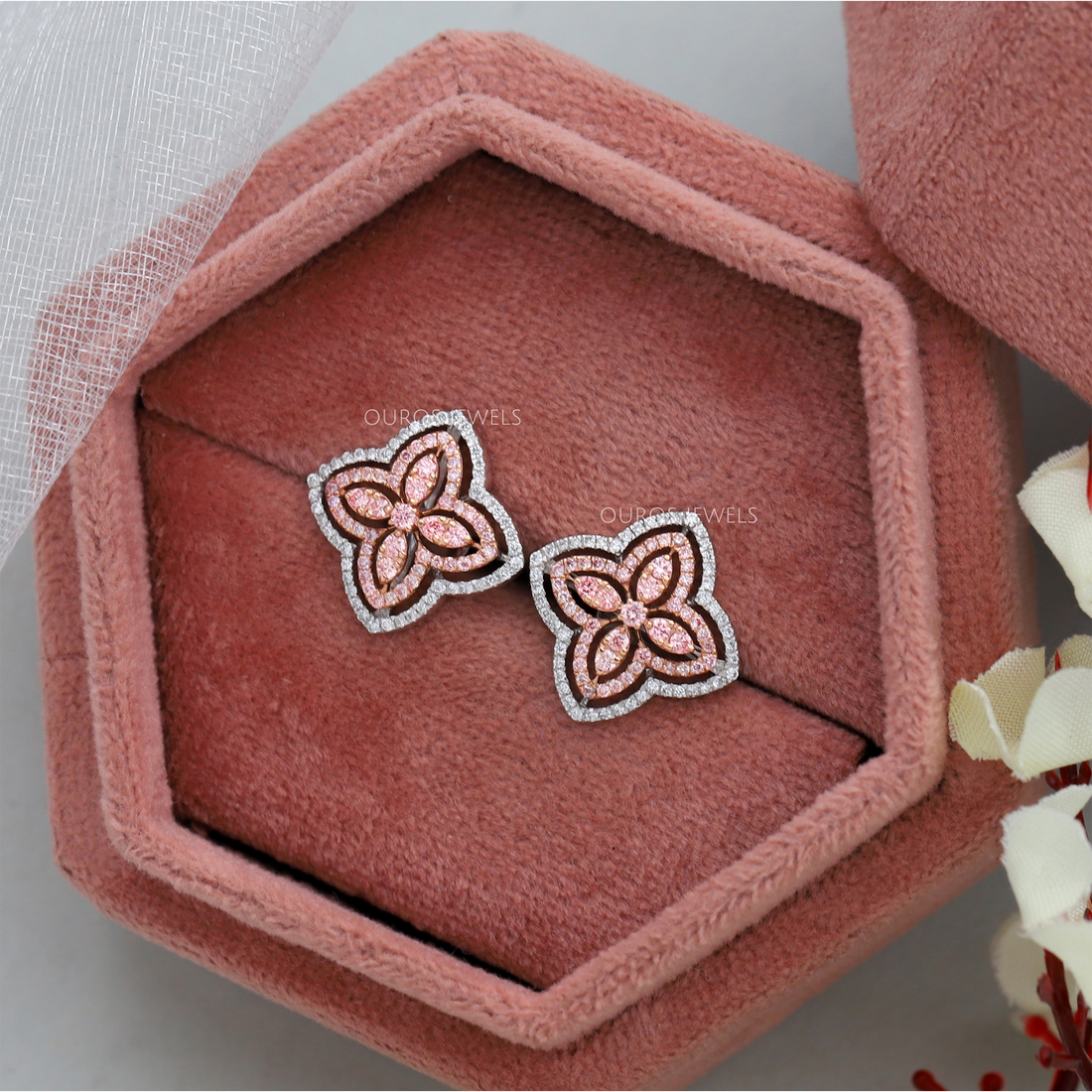 Pink Floral Round Cut Diamond Stud Earrings Earring