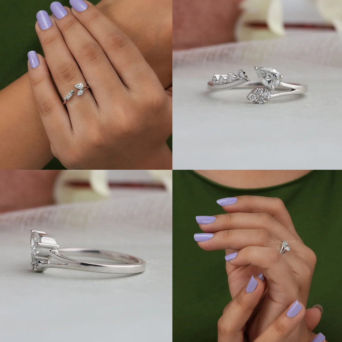 Pear Diamond Leaf Open Cuff Wedding Ring Rings