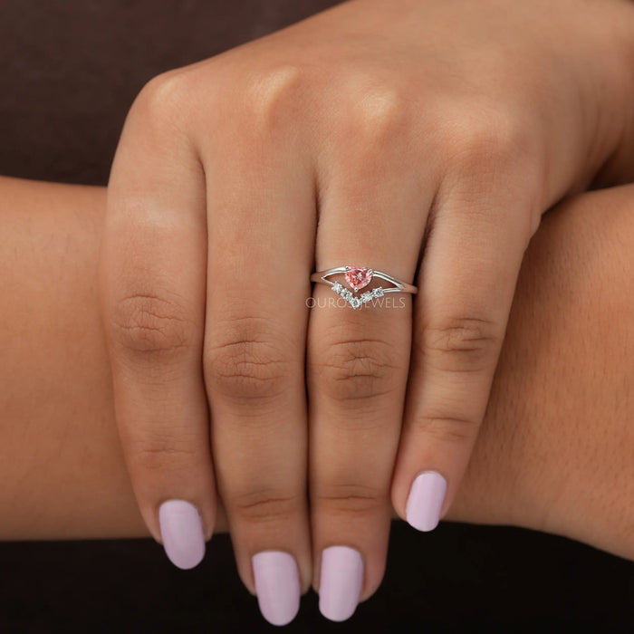 Pink Heart Curved Cluster Diamond Dainty Ring