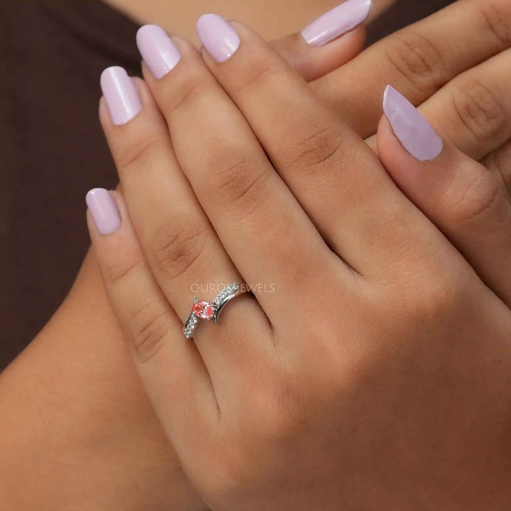 Pink Oval Cut Bypass Set Diamond Ring