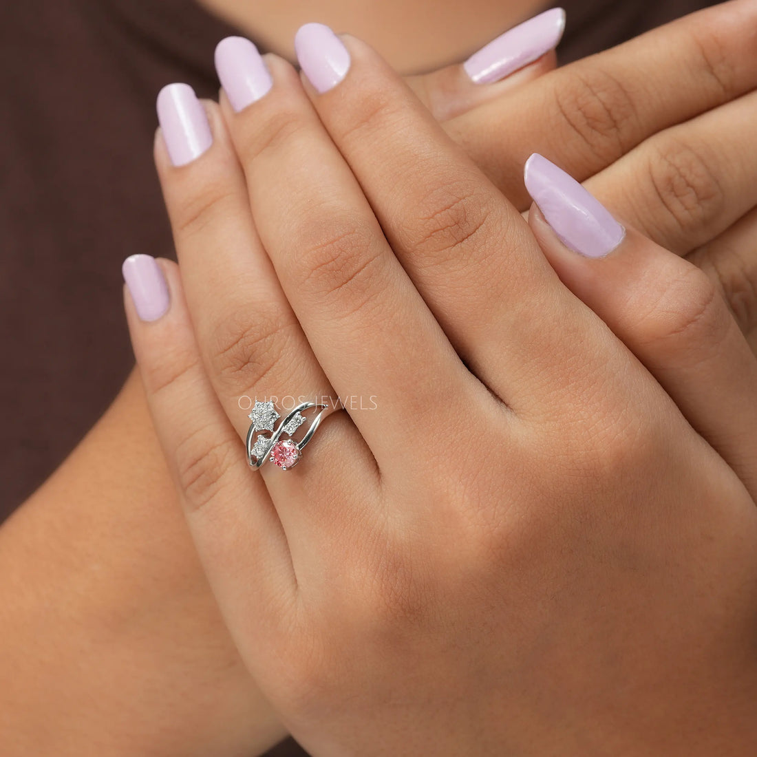 Pink Round Cut Lab Diamond Bypass Set Dainty Ring