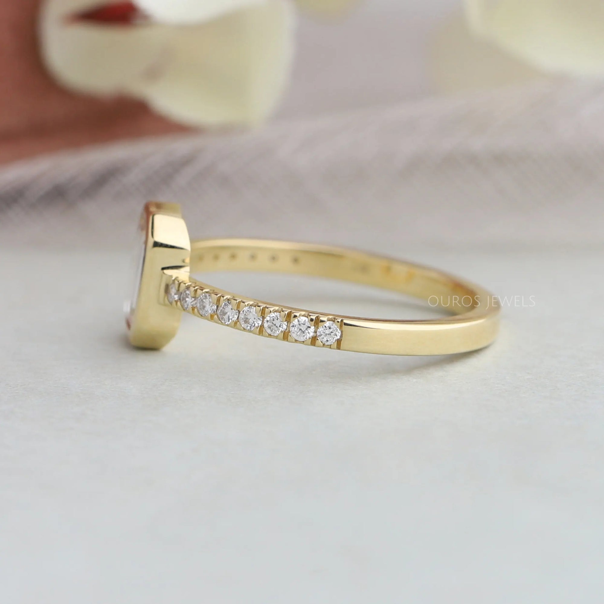 Portrait Cut Emerald Diamond Solitaire Accent Ring