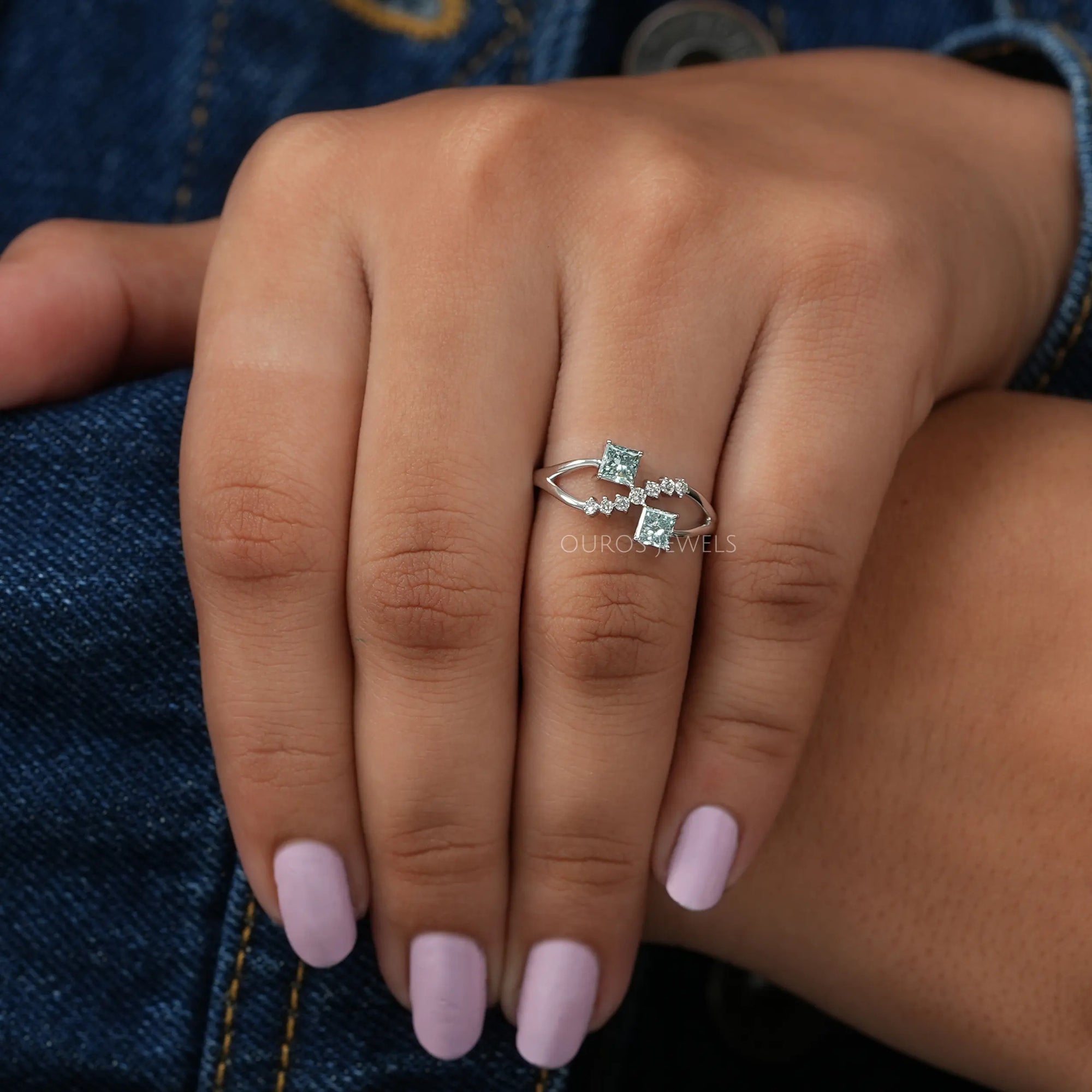 Green Princess Shape Lab Diamond Dainty Ring