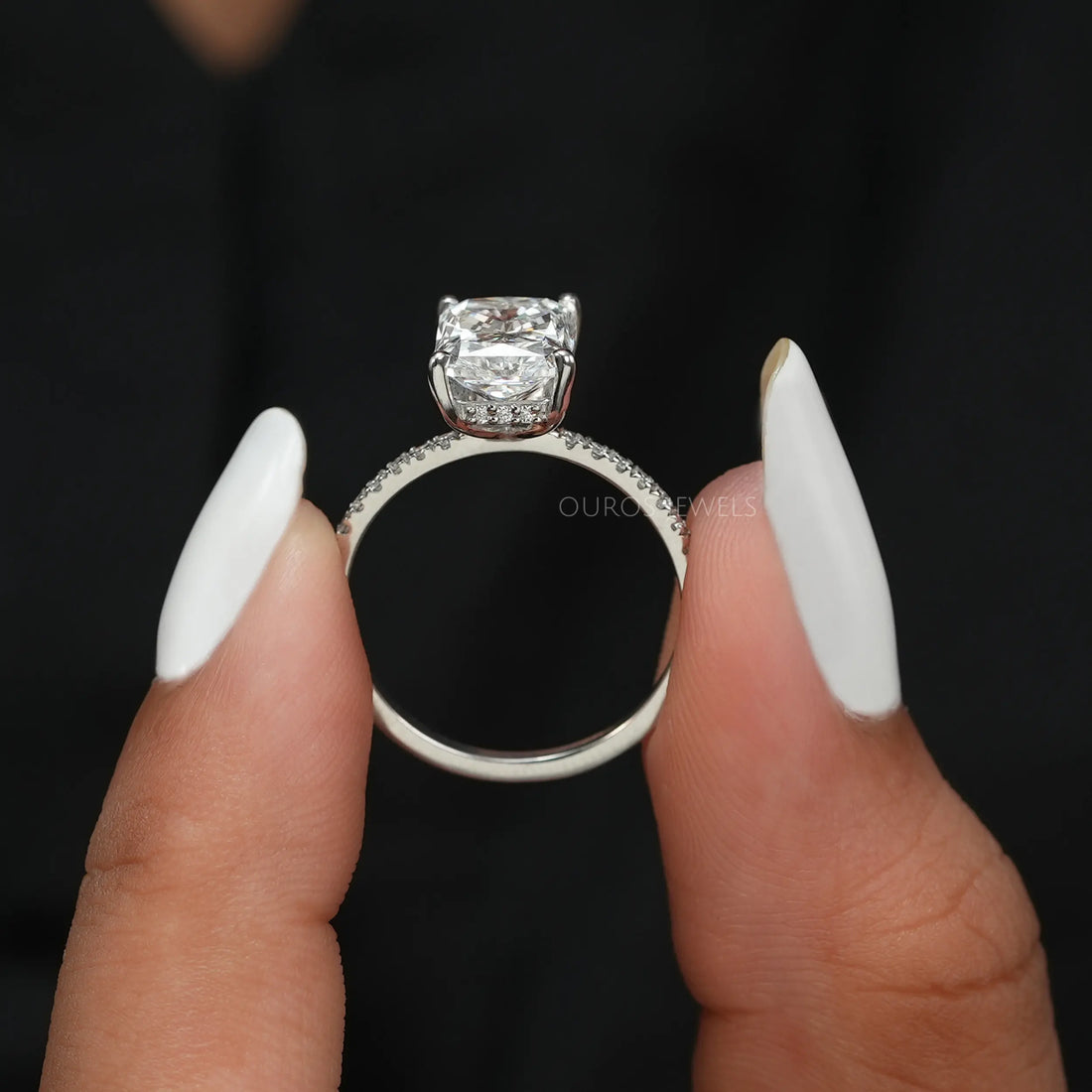 Radiant Cut Hidden Halo Solitaire Accent Engagement Ring