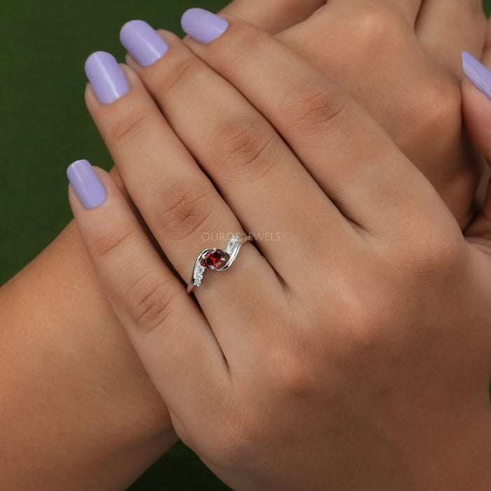 Red Oval Diamond Bypass Dainty Ring