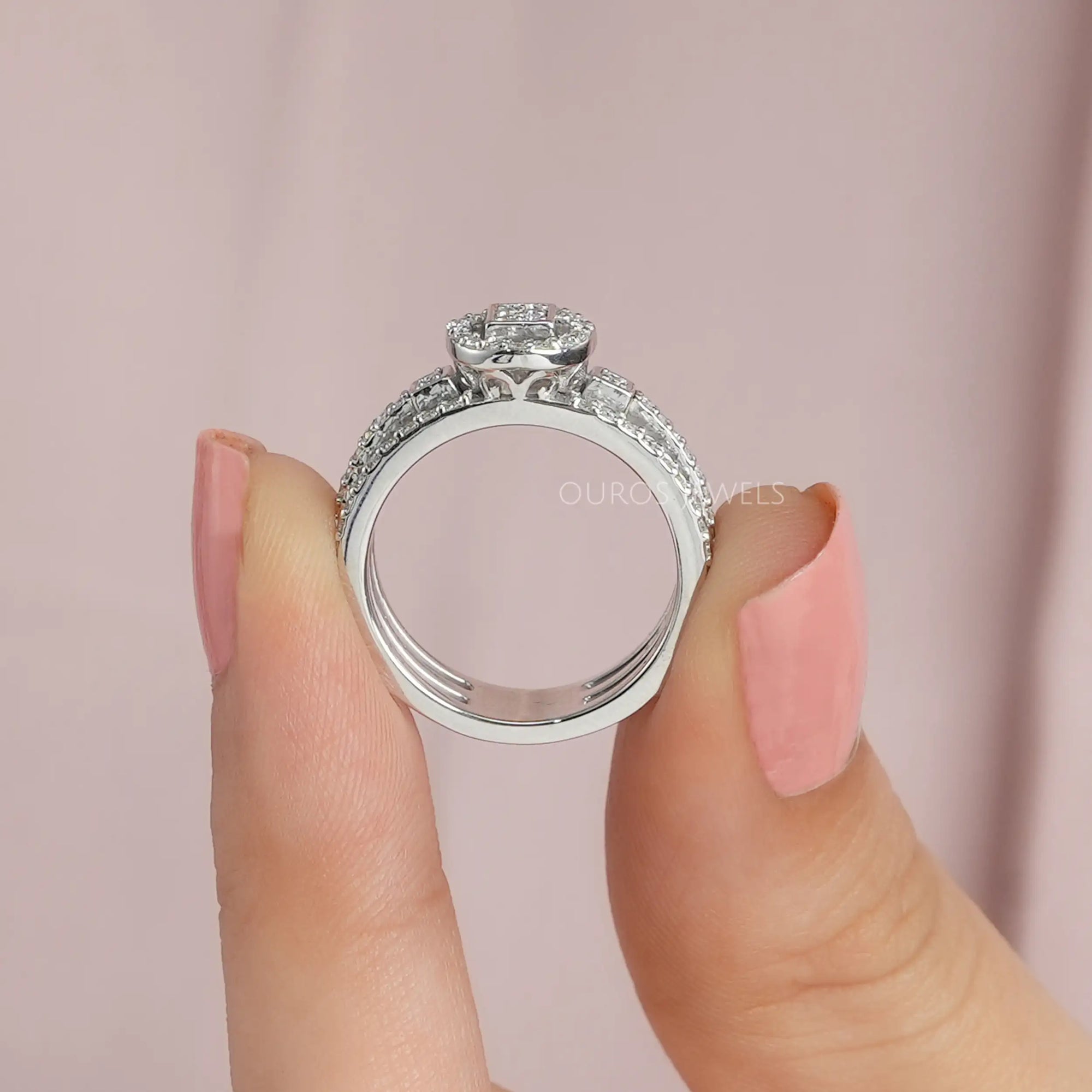 Round Cluster Diamond Triple Shank Halo Ring